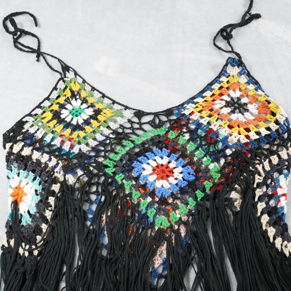 Crochet Granny Square Boho Tank Top Womens M Long Fringe Festival Hippie Indie - Picture 3 of 9
